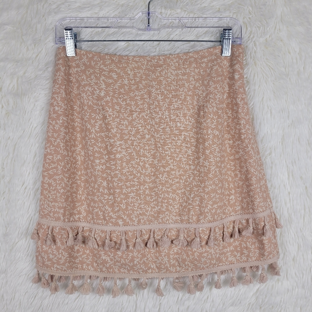 William B Small Pink Linen Blend Tasseled Mini Skirt Boho Hippie Spring
